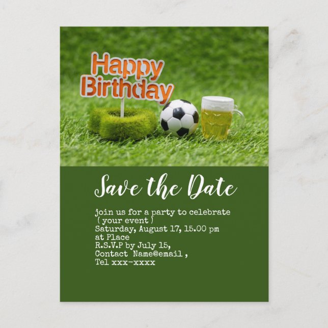 Soccer save the date  with ball on green BIRTHDAY Postcard (Front)