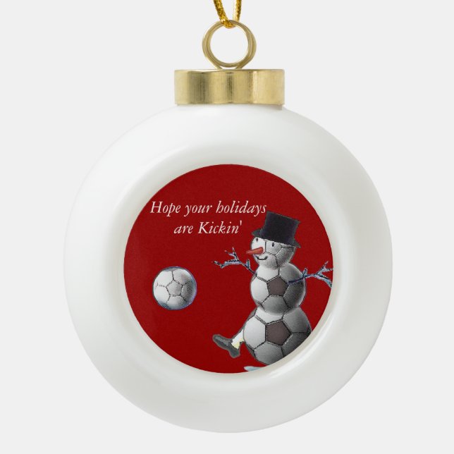 Soccer Snowman Ceramic Ball Christmas Ornament (Front)