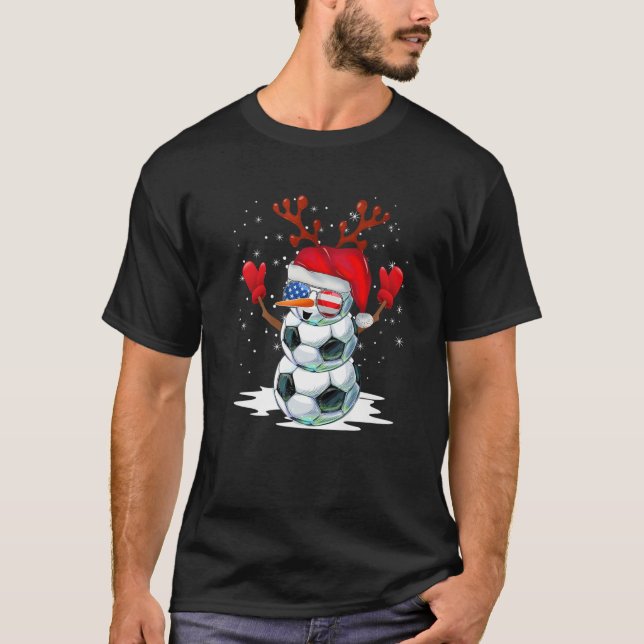Soccer Snowman Christmas Pyjamas Santa Hat Sunglas T-Shirt (Front)