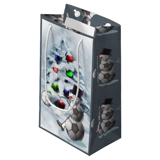 Soccer Snowman Christmas Small Gift Bag (Front Angled)