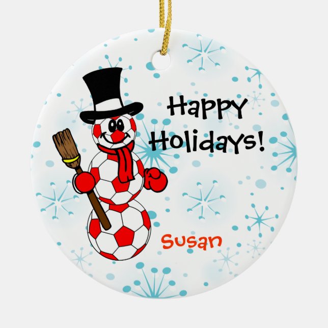 Soccer Snowman Personalise Ornament (Front)