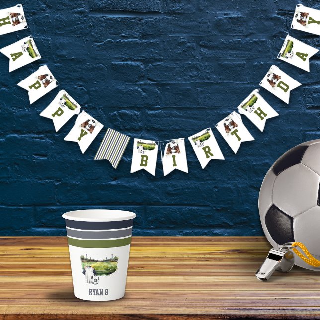 Soccer Sports Kids Birthday Bunting (Green Blue Soccer Birthday Party Bunting Flag)