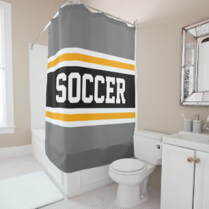 SOCCER Sporty Athletic Grey Black Yellow Stripes Shower Curtain