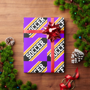 SOCCER Sporty Bright Purple Orange Black Stripes Wrapping Paper