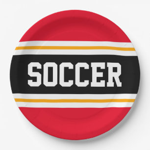 SOCCER Sporty Red Black Yellow Racing Stripes Paper Plate
