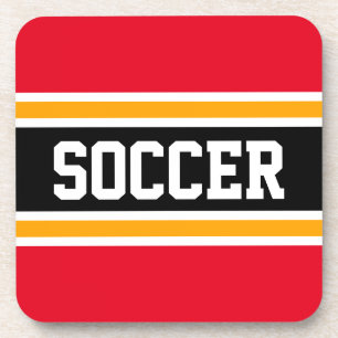 SOCCER Sporty Red Yellow Black Racing Stripes Coaster