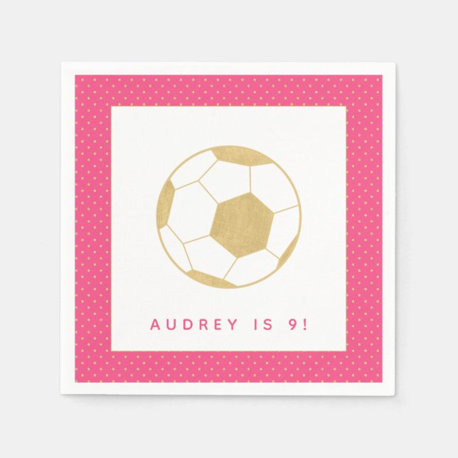 Soccer Star Pink and Gold Personalised Party Napkin (Front)
