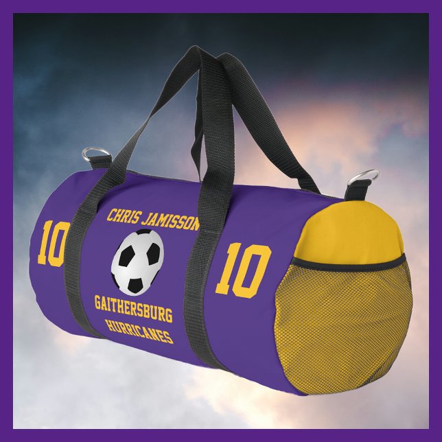 Soccer Team, Coach, Player Purple Gold Personalise Duffle Bag (Creator Uploaded)