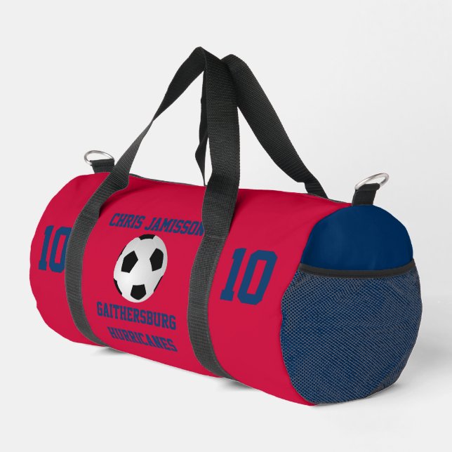 Soccer Team, Coach, Player Red Blue Personalised Duffle Bag (Right Corner)