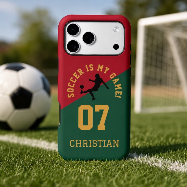 Soccer Team Jersey Number Design (Soccer jersey phone case with player number and name on a soccer field scene)