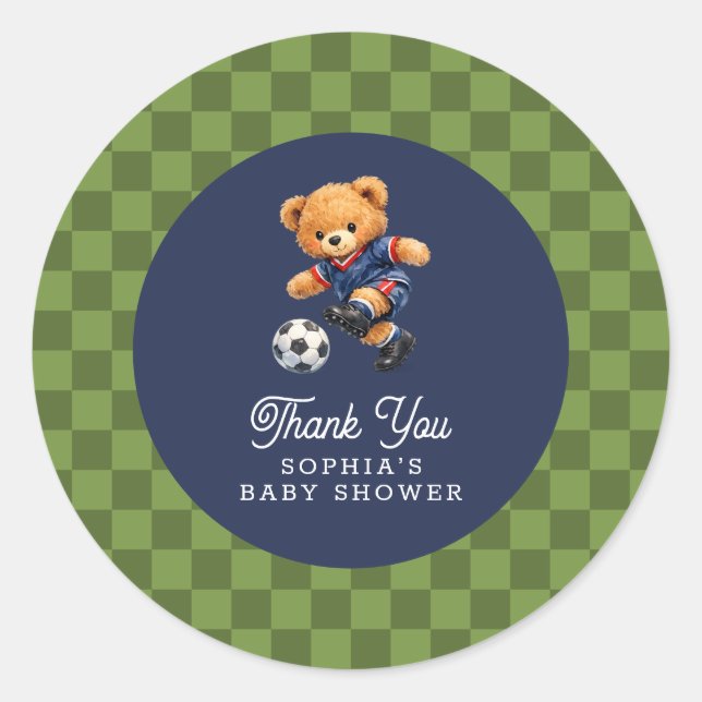 Soccer Teddy Bear Checkboard Retro Baby Shower Classic Round Sticker (Front)