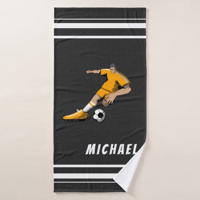 Soccer Theme Player Illustration Sports Team Black Bath Towel (Bath Towel)