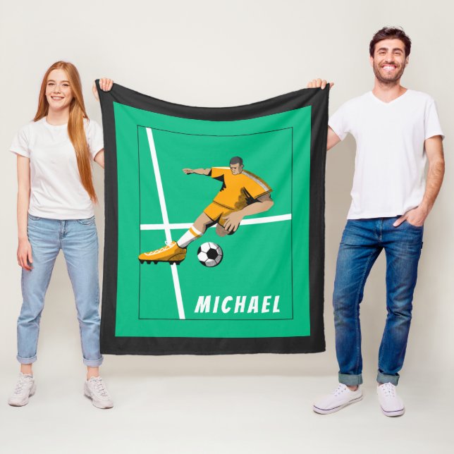 Soccer Theme Player Illustration Sports Team Green Fleece Blanket (In Situ)