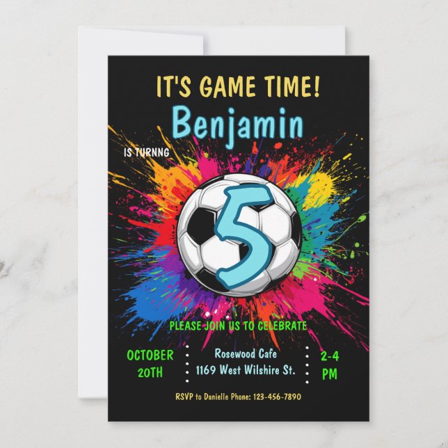 Soccer themed birthday party invitation (Front)