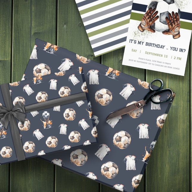 Soccer Themed Gift Wrap  (Green Blue Soccer Pattern Birthday Party Wrapping Paper)