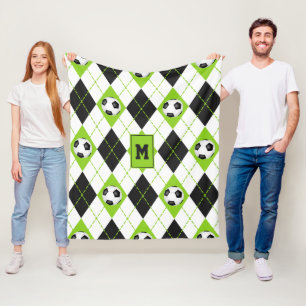 soccer themed lime black white argyle pattern fleece blanket