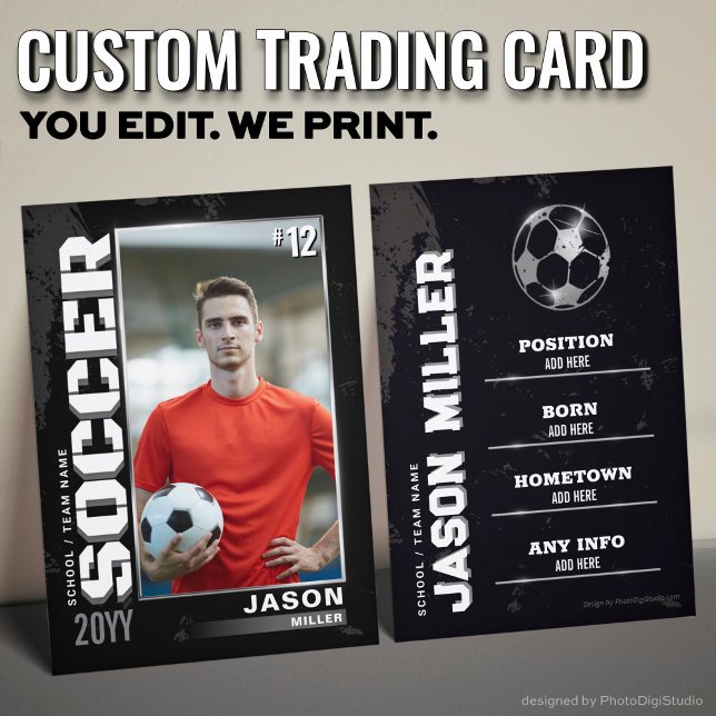 Soccer Trading Card Soccer Player Card Black Grey (Custom Soccer Trading Card, Silver Soccer Player Trading Card)