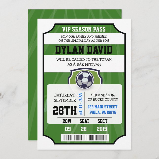 SOCCER VIP TICKET Bar Bat Mitzvah Invitation (Front/Back)