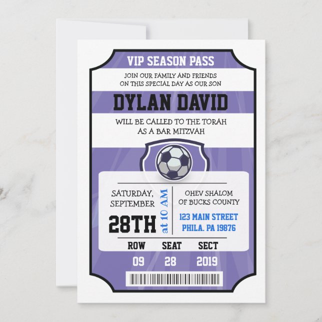 SOCCER VIP TICKET Purple Bat Mitzvah Invitation (Front)