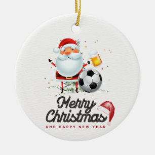 Soccer with ball beer Happy Holidays Santa Claus Ceramic Ornament