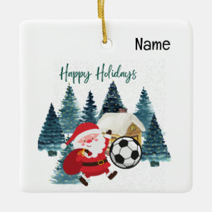Soccer with ball beer Happy Holidays Santa Claus Ceramic Ornament