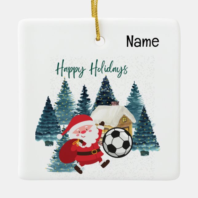  Soccer with ball beer Happy Holidays Santa Claus Ceramic Ornament (Front)