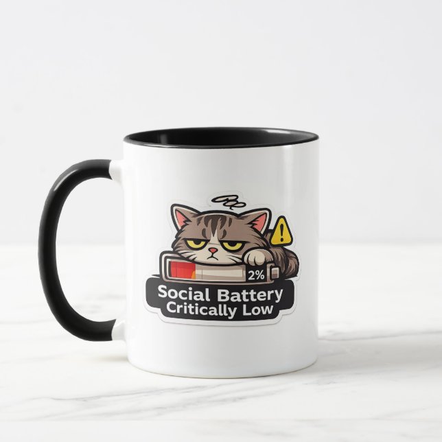 Social Battery Critically Low Cat Design Mug (Left)