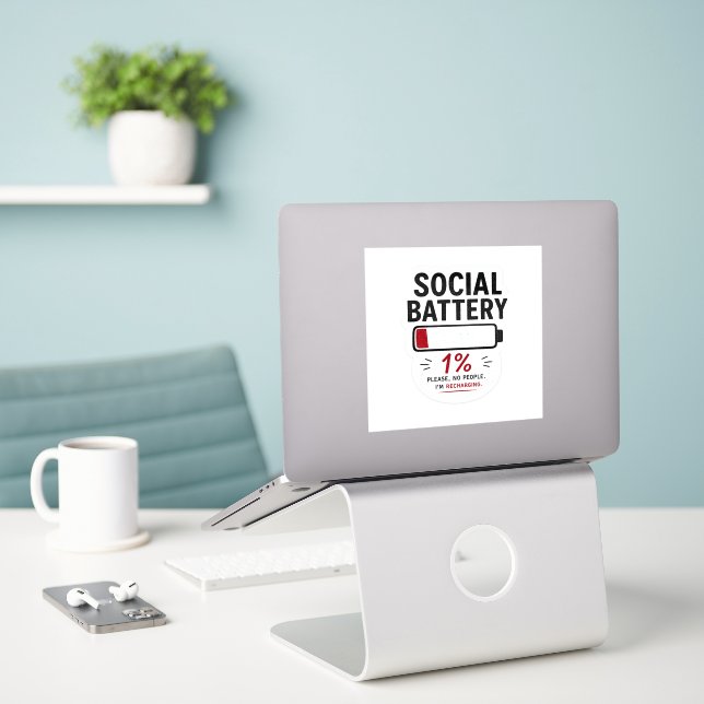 Social Battery Low Medium Custom Cut Vinyl Sticker (Laptop On Desk)