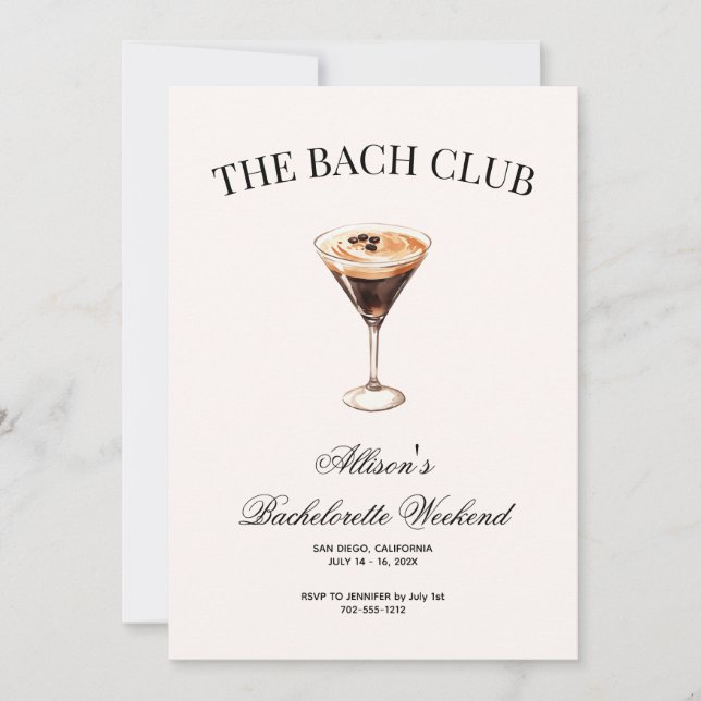 Social Club Espresso Cocktail Bach Itinerary and  Invitation (Front)