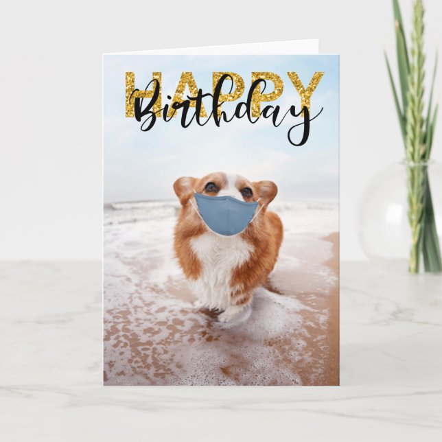 Social Distance Happy Birthday Dog Corgi Card (Front)