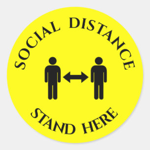 SOCIAL DISTANCE STAND HERE ROUND STICKERS YELLOW