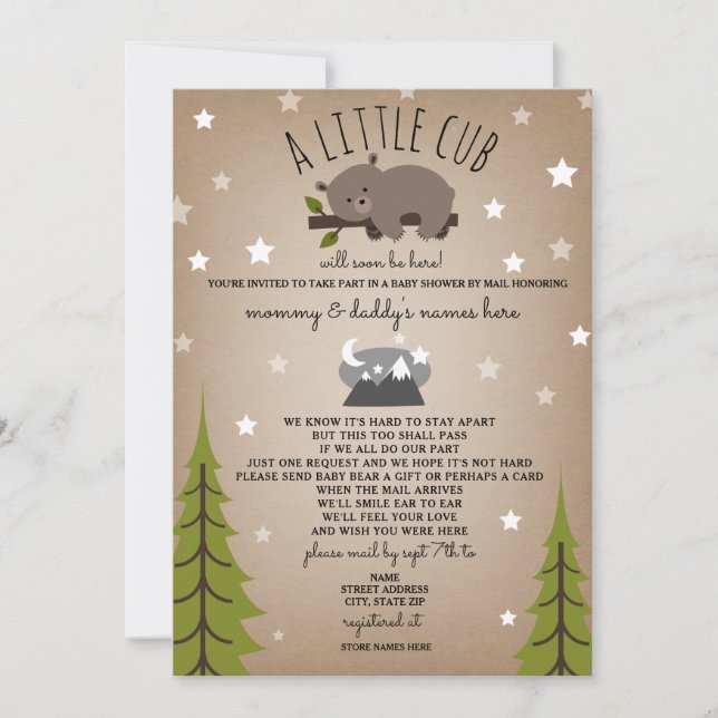 Social Distancing Baby Shower Mail Bear Brown Invitation (Front)