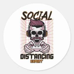 Social distancing expert gaming design classic round sticker