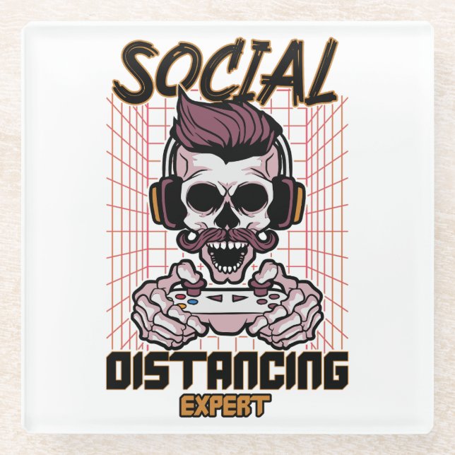Social distancing expert gaming design glass coaster (Front)