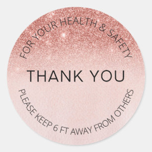 Social Distancing Rose Gold Glitter Salon 6ft Away Classic Round Sticker