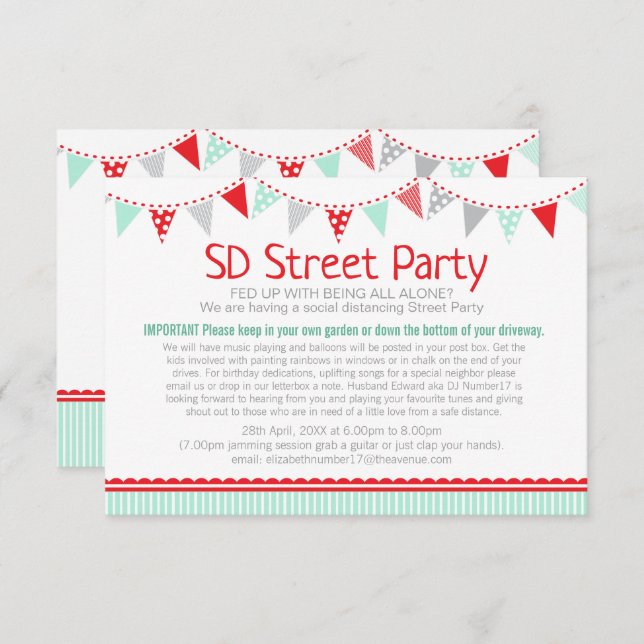 Social distancing street party bunting red green invitation (Front/Back)