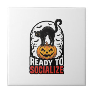 Social Halloween Cat Spooky Party Humour Design_1 Ceramic Tile