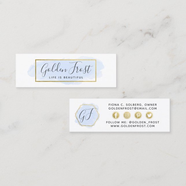 Social Influencer Light Blue Watercolor & Gold Mini Business Card (Front/Back)