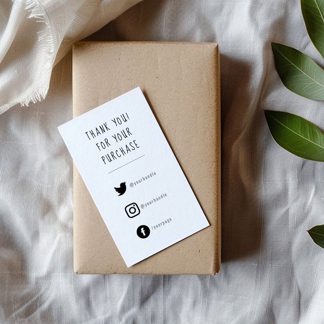 Social logos, black and white order insert Card. (Black on white fun text social media enclosure card to say thank you to your customers)