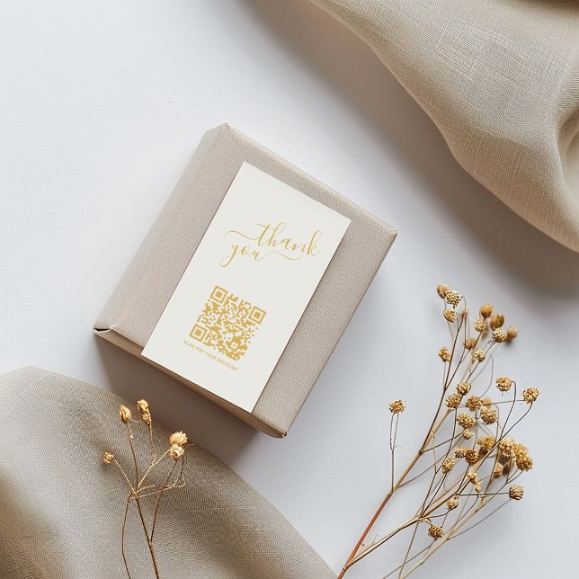 Social logos QR code, gold thank you insert Card (Elegant thank you insert card with gold script and QR code on gift box.)