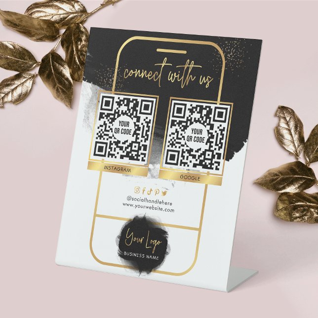 Social Media 2 QR Code Leave a Review Black & Gold Pedestal Sign (Scannable 2 QR code Business Pedestal Sign in a black and gold design)