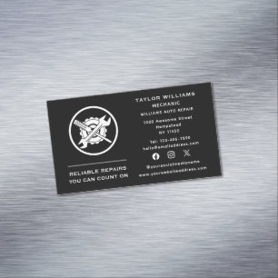 Social Media Black And White Wrench Auto Repair Magnetic Business Card
