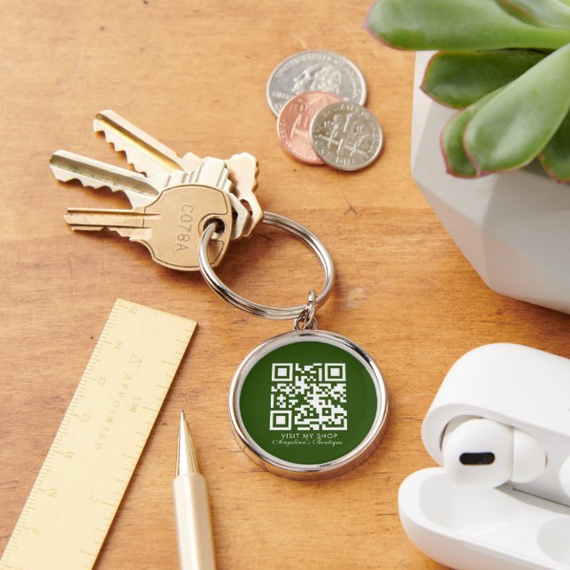 Social Media Business Logo QR Code Green Key Ring (Desk)