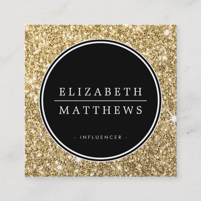 SOCIAL MEDIA circle border black chic gold glitter Square Business Card (Front)