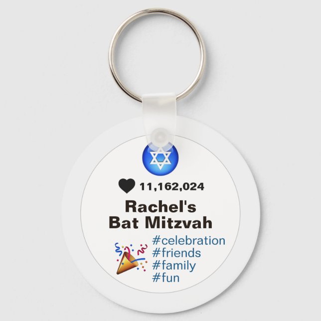 Social Media Emoji Bat Mitzvah or Bar Mitzvah Key Ring (Front)