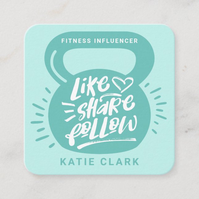 Social Media Fitness Influencer Kettlebell Blue Square Business Card (Front)