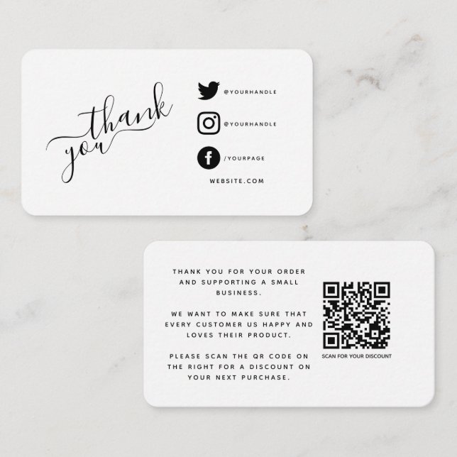Social media icons QR code thank you discount Enclosure Card (Front/Back)