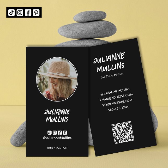 Social Media Influencer QR Code Business Card (
Social media influencer, content creator photo business cards with QR Code and 4 media icons)