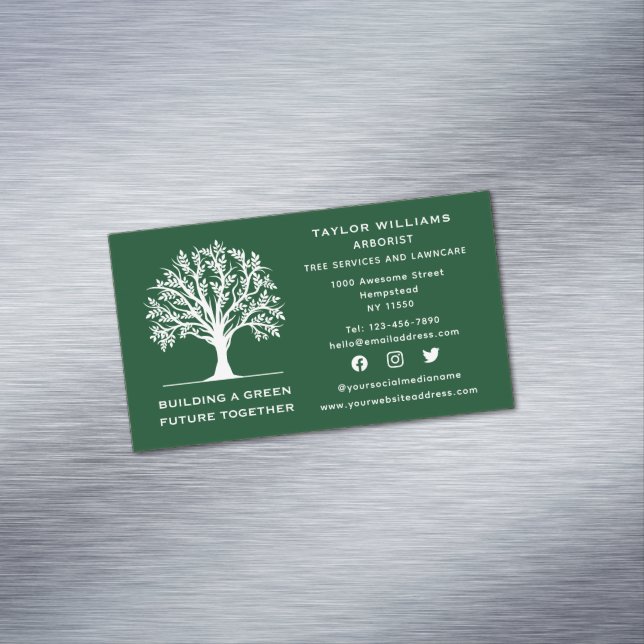Social Media Lawn Care Landscaping Tree Service Magnetic Business Card (In Situ)