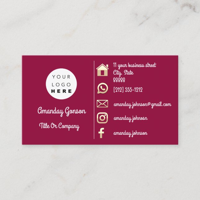 Social Media Logo Gold QR Code Address Bordeaux Business Card (Front)